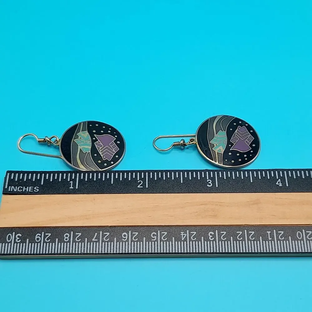 Vintage Laurel Burch Tropical Fish Drop Earrings, Cloisonné Enamel Gold Plated